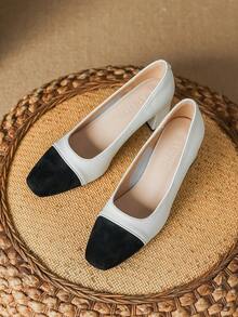 Square Toe Chunky Heel Shoes With Low-Cut Vamp, Color Block Design And Elegant Style For Women's Professional Work - Black and White - View 8