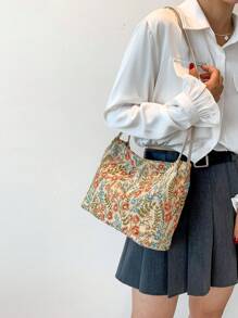 时尚花朵装饰纯色帆布水桶包，双肩带，女士单肩包 - 彩色 - 查看 7