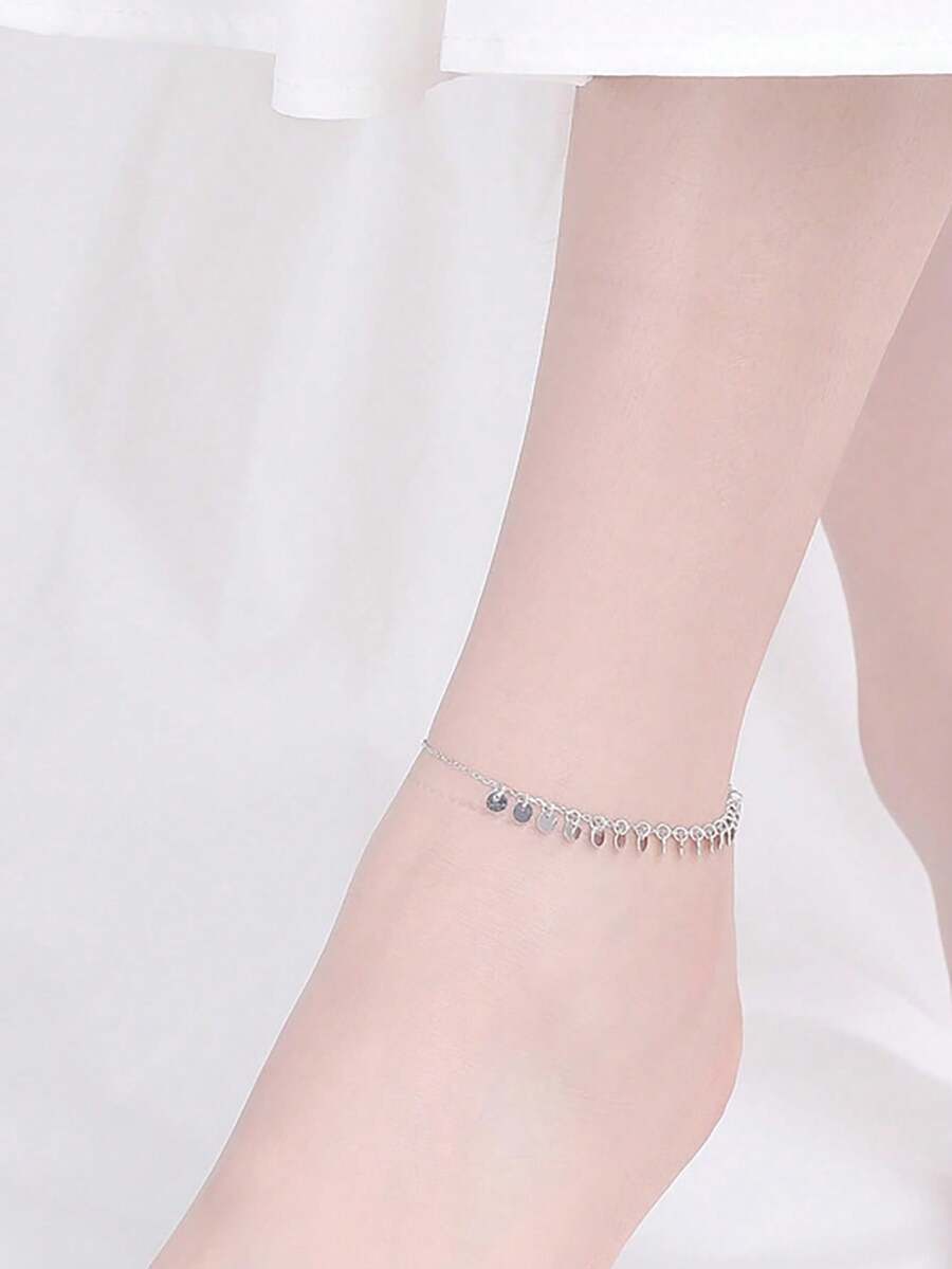 1pc Simple & Round Disc S925 Silver Anklet For Women's Daily Wear - Silver - View 1