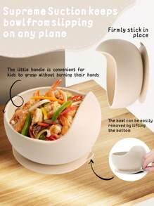 3入組嬰兒餵食器具套裝，一個帶吸盤底的矽膠碗和木柄匙叉，容易清洗，適用於日常使用和戶外活動的兒童餐具 - 卡其色 - 查看 3