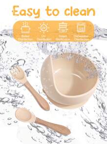 3入組嬰兒餵食器具套裝，一個帶吸盤底的矽膠碗和木柄匙叉，容易清洗，適用於日常使用和戶外活動的兒童餐具 - 卡其色 - 查看 9