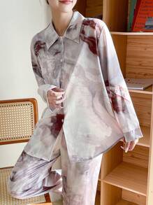 2pcs/Set Tie Dye Pattern Long Sleeve Pajama Set With Collar - Dusty Purple - View 6
