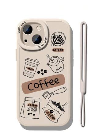 جراب الموبايل من الTPU بنمط القهوة + حزام قيد السيليكون متوافق مع الآيفون