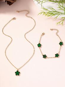 1set European And American Fashionable, Personalized, Sweet, Cute, Versatile Clover Shaped Exquisite And Elegant Ladies' Bracelet And Necklace Set For Travel And Dating