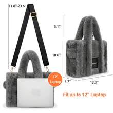 秋冬女式大號手提包柔軟冬季蓬鬆毛絨毛絨頂部提手錢包和手提包帶肩帶(灰色) - 灰色 - 查看 11