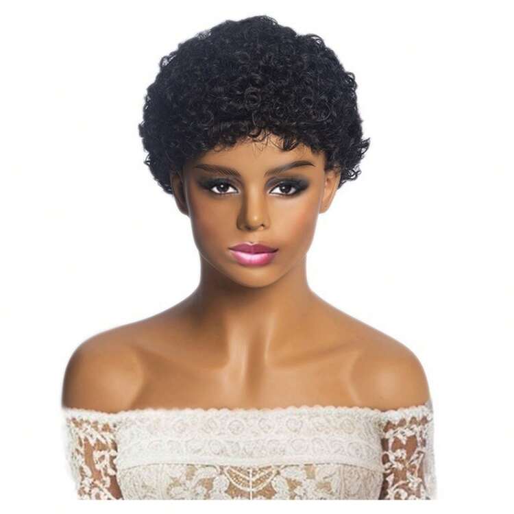 1 pieza Peluca negra rizada corta y rizada afro para mujeres, cabello malayo Remy, peluca sin pegamento fabricada a máquina - Negro - Añade 3