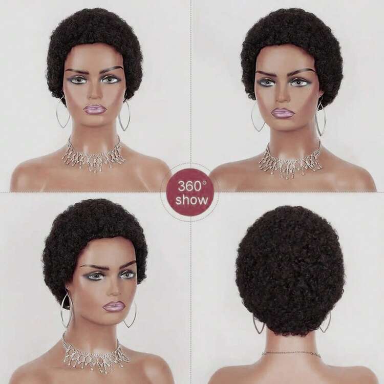 1 pieza Peluca negra rizada corta y rizada afro para mujeres, cabello malayo Remy, peluca sin pegamento fabricada a máquina - Negro - Añade 5