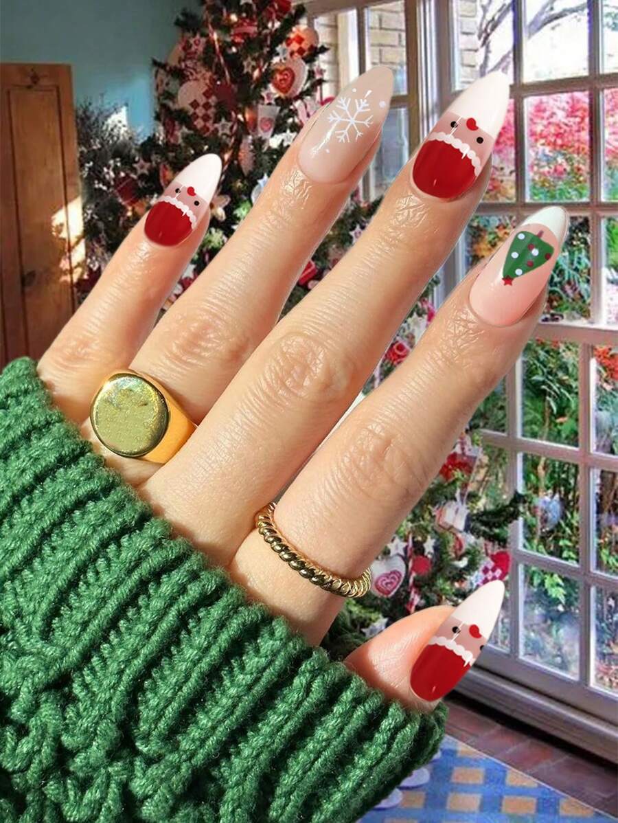 VV MEI JIA ER 24入組聖誕節指甲貼片,中號杏仁形假指甲,紅色法式指甲貼,可愛的麋鹿雪花滿版聖誕帽假指甲,搭配設計款式的指甲貼,帶有聖誕節設計的指甲貼冬季Xmas美甲裝飾品,獻給女性女孩,附1張膠帶和1把指甲鉗 - 彩色 - 查看 1