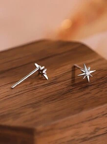 1pair S999 Sterling Silver Cubic Zirconia Eight-pointed Star Design Symmetric Earrings For Women