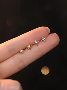 1pair S999 Sterling Silver Cubic Zirconia Eight-pointed Star Design Symmetric Earrings For Women