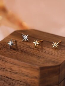 1pair S999 Sterling Silver Cubic Zirconia Eight-pointed Star Design Symmetric Earrings For Women