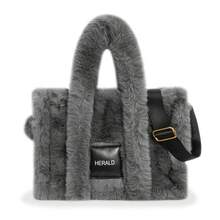 秋冬女式大號手提包柔軟冬季蓬鬆毛絨毛絨頂部提手錢包和手提包帶肩帶(灰色) - 灰色 - 查看 3