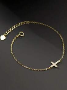 1入組極簡小型十字形925銀手鍊,精緻鑲飾石 - 金色 - 查看 2