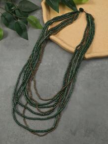 1pc Wood Bead & Glass Bead Bohemian Style Multi-Layer Necklace For Women - Army Green - View 5