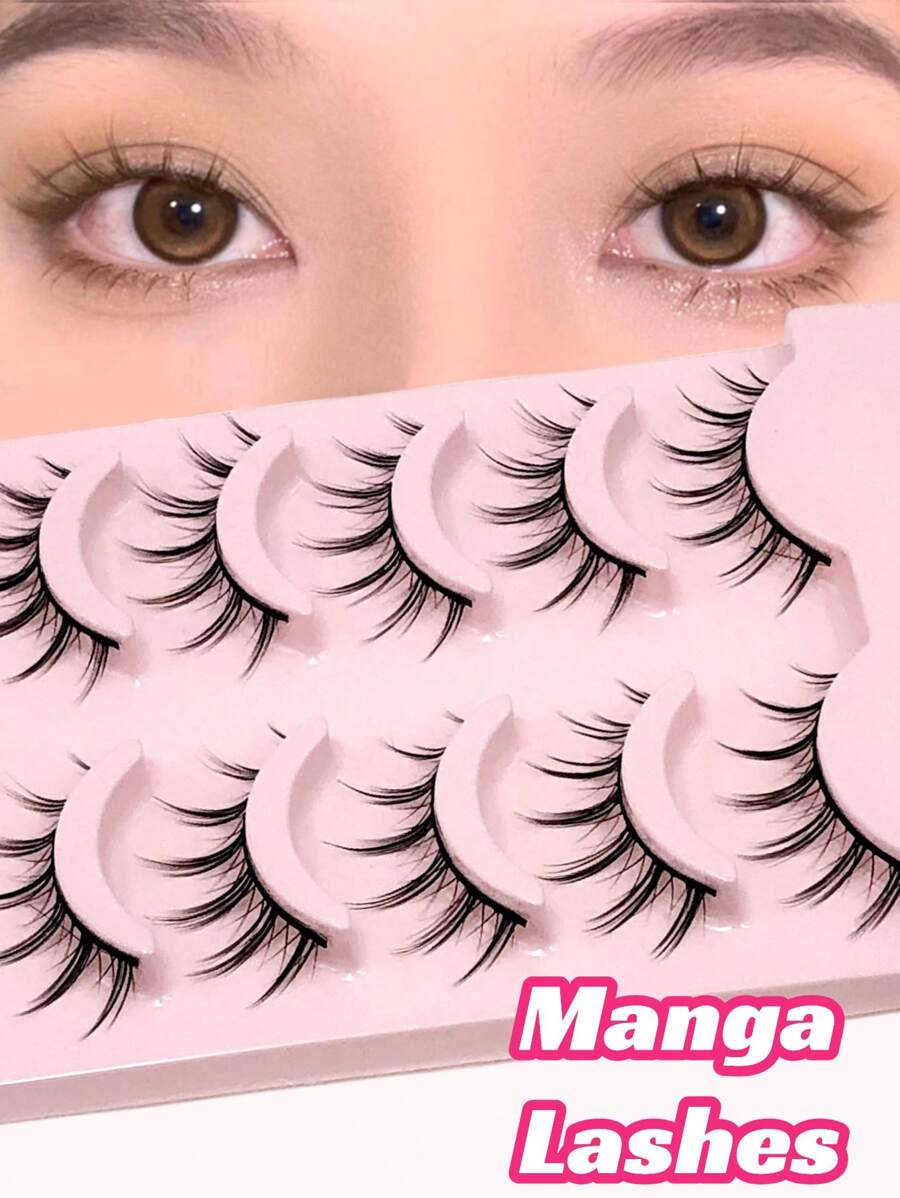 Asiteo 5 Pairs Manga Lashes Natural Wispy False Lashes Fluffy Soft Cross Fairy Lashes Extension Makeup, Manga Eyelashes , Japanese Makeup Thick And Natural Look Wispy Eyelash Extensions , Asian Korean Cosplay Anime False Eyelashes Makeup Tool - 黑色 - 查看 1