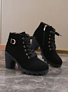 Red Dress Matching Women's Solid Color Thick Sole Boots, Lace-Up Side Zipper Round Toe Chunky Heel Shoes, Casual & Comfortable, Can Be Paired With Pants. - Black - View 5