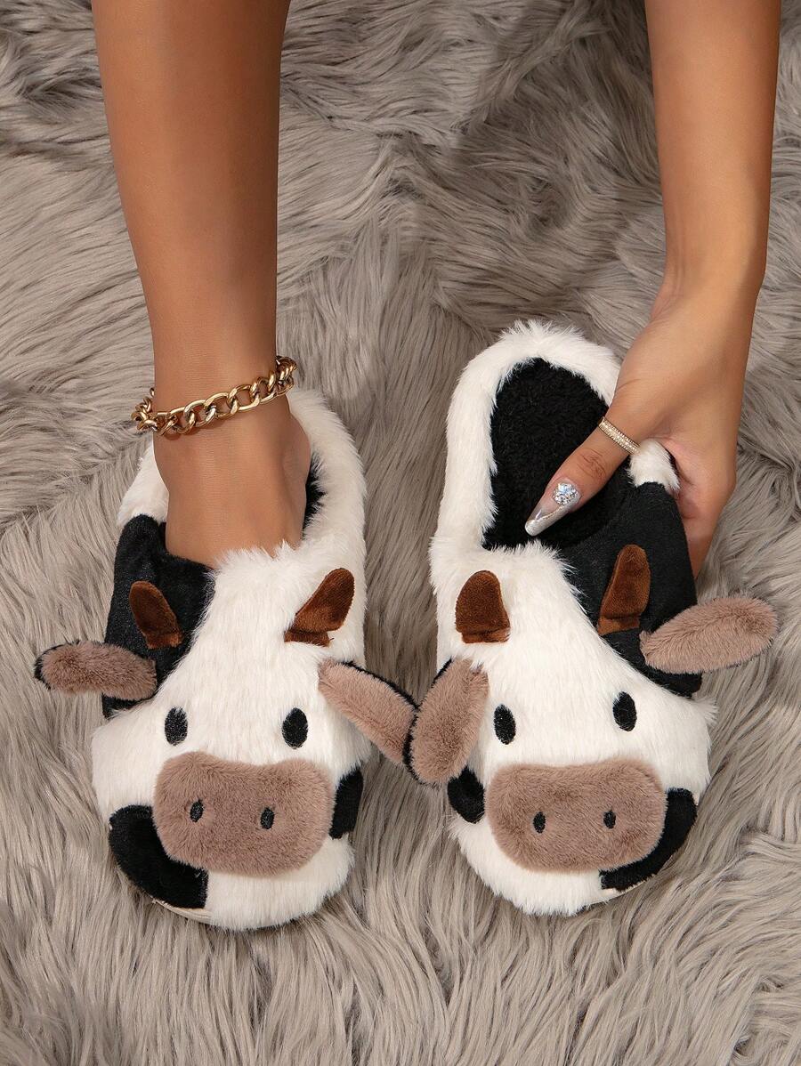 女士柔軟毛絨防滑平底保暖拖鞋,卡通牛設計,時尚室內鞋 - 米色 - 查看 1
