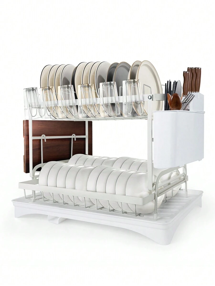 2 Tier Dish Drying Rack, Foldable Dish Drainer Metal Utensil Holder Drainage - White - View 1
