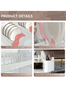 2 Tier Dish Drying Rack, Foldable Dish Drainer Metal Utensil Holder Drainage - White - View 7