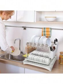 2 Tier Dish Drying Rack, Foldable Dish Drainer Metal Utensil Holder Drainage - White - View 6