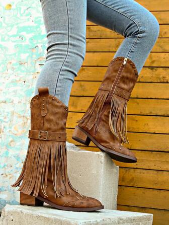 Women's Brown Mid-calf Cowboy Boots With Studded Decoration, Adjustable Buckle Strap, Fringe Trim, Chunky Heel And Pointed Toe