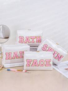 1 Piece//2pcs/4pcs Waterproof Cute Women Makeup Bag For Teen Girls Preppy Chenille Letter Patches SKIN HAIR FACE BATH STUFF Travel Cosmetic Pouch Skincare Face Initial Cosmetic Bag Toieltry Bag Hair Products Stuff Pouch - Beige - View 3