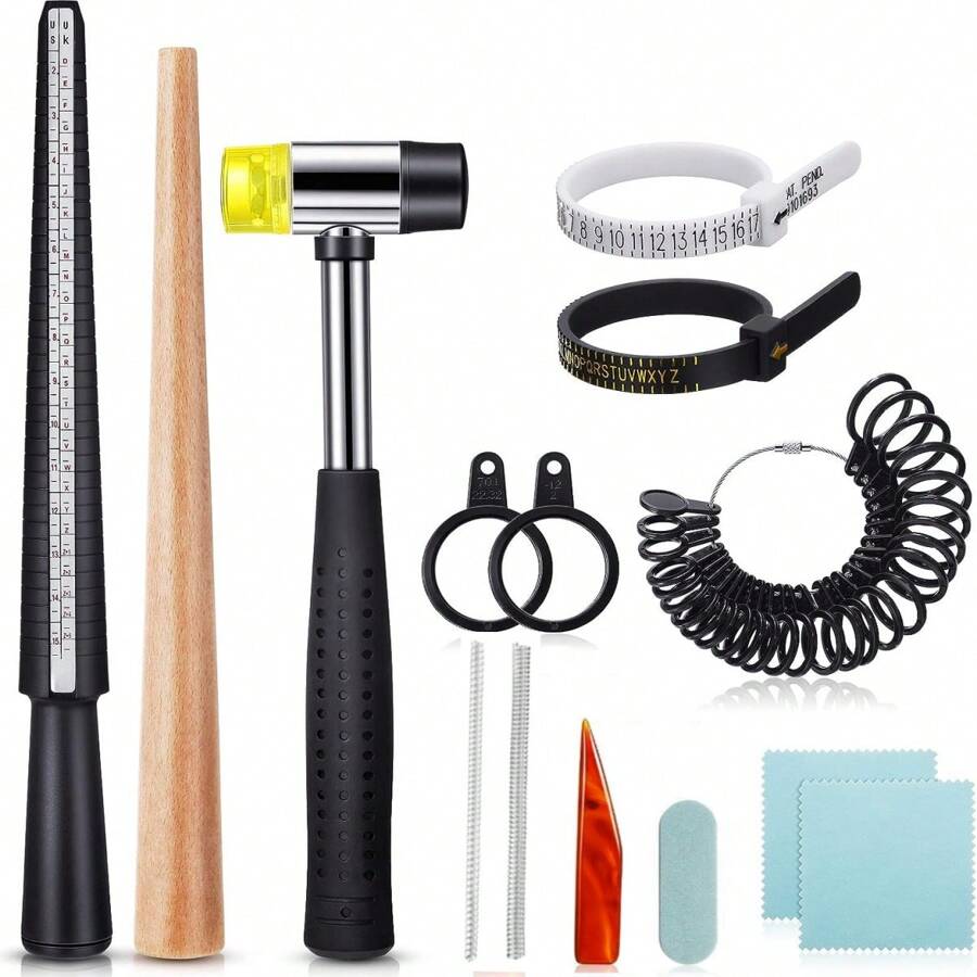8入組/12入組戒指尺寸測量工具組,包含橡膠錘、紫砂刀、拋光布、尺寸棒、顏色隨機。適用於diy眾多尺寸的美麗戒指