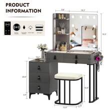 Gurexl Vanity Desk with Wireless Charging Station, Dressing Table with Lighted Mirror & 3 Lighting Modes Adjustable Brightness, Glass Top Makeup Vanity Table Set with 6 Drawers & Stool