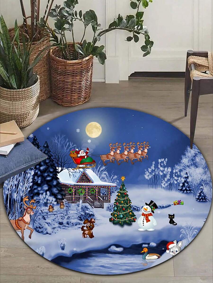 1pc Christmas Snowy Scene Round Carpet Home Decor Area Rug - Multicolor - View 1