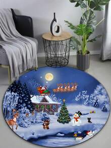 1pc Christmas Snowy Scene Round Carpet Home Decor Area Rug - Multicolor - View 4