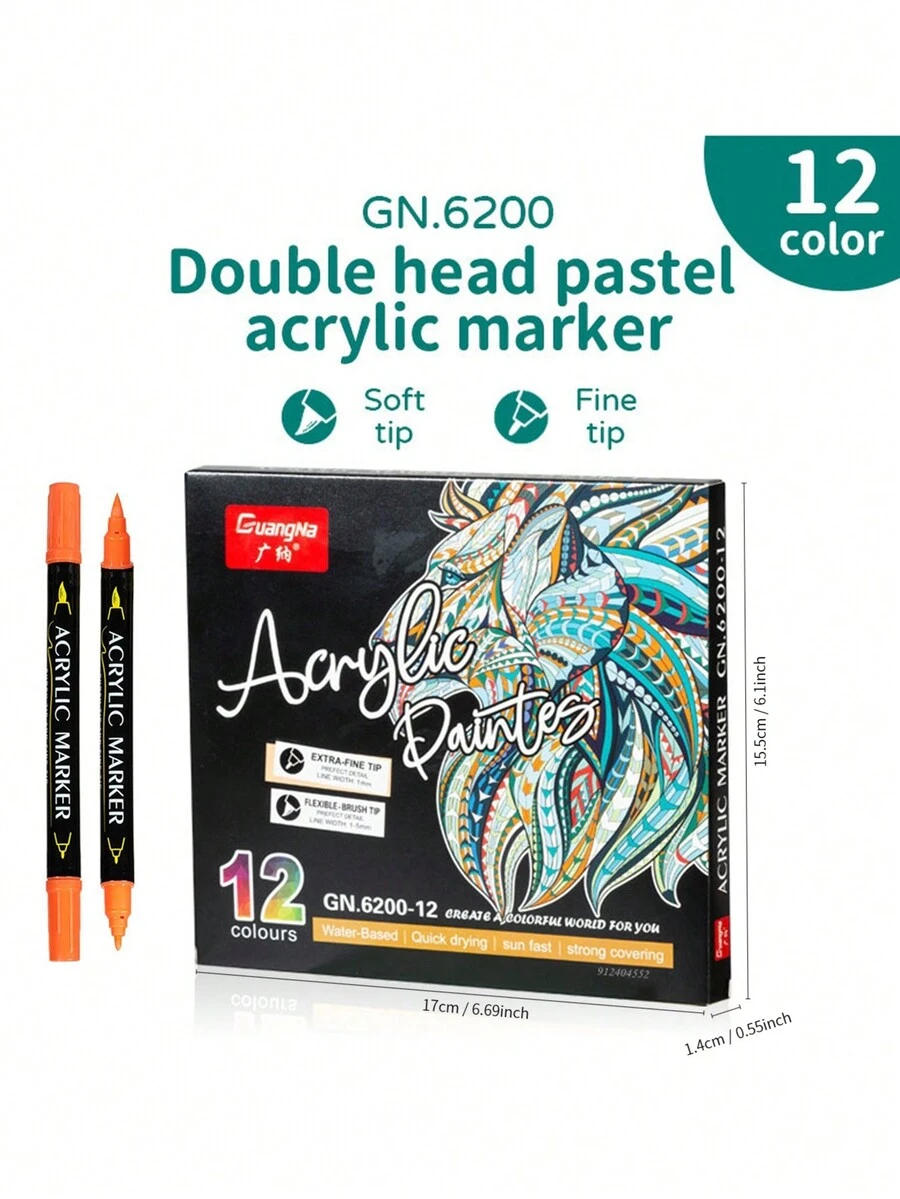 Bộ 12 bút đánh dấu sơn Acrylic đầu kép, đầu cọ chấm bi siêu mịn, dùng cho thư pháp, gỗ, vải bạt, đá, tranh đá, thủy tinh, vải gốm, đồ dùng nghệ thuật kim loại, gốc nước, nhanh khô, bền với ánh nắng mặt trời, phủ mạnh - Nhiều màu - Xem 1