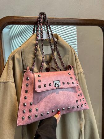 Fashion Punk Street Style Rivet Chain Decor Solid Color Retro Elegant Shoulder Envelope Tote Bag, Rock Style Bag For Women, Y2k Bag, 2000s Fashion Style, Gothic Punk Bag For Women