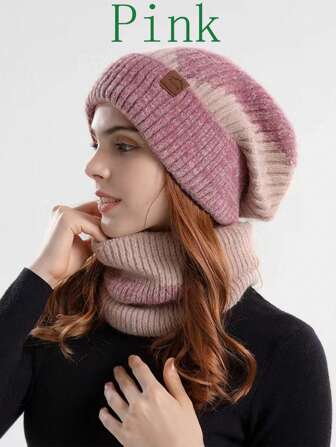1 Set Ladies' Double-color Knitted Hat With Thickened Warm Ear Protection And Brushed Scarf, Knit Cap For Women Winter