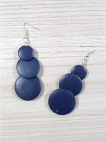 1對女性圓形木製三股流蘇吊墜耳環 - 藏蓝色 - 查看 3