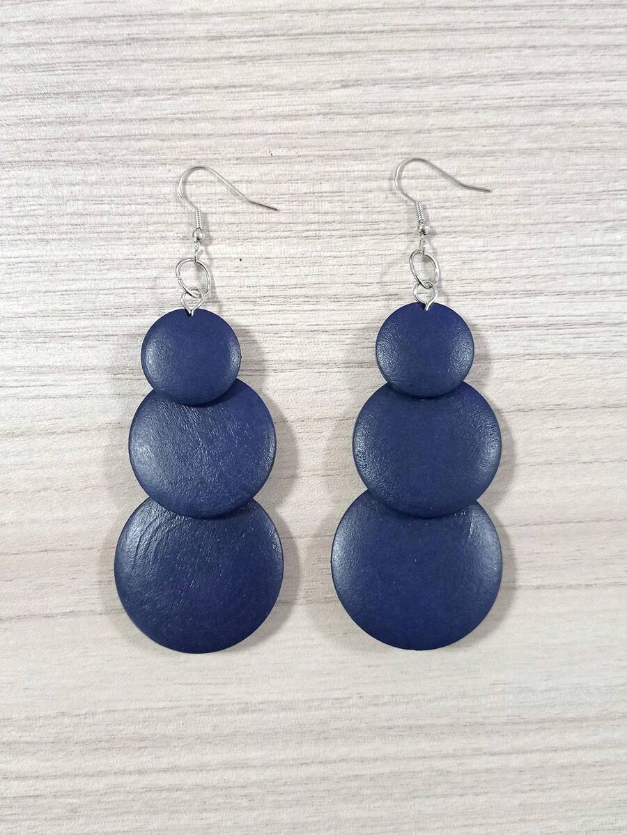 1對女性圓形木製三股流蘇吊墜耳環 - 藏蓝色 - 查看 1