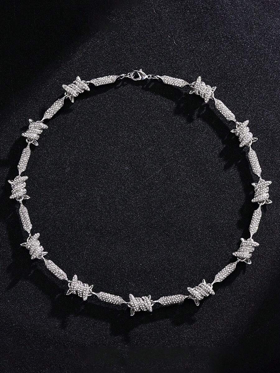 1pc Men's Punk Style Full Rhinestone 3d Inlay 18inch Endless Chain Necklace - White - View 1