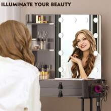 Gurexl Vanity Desk with Wireless Charging Station, Dressing Table with Lighted Mirror & 3 Lighting Modes Adjustable Brightness, Glass Top Makeup Vanity Table Set with 6 Drawers & Stool