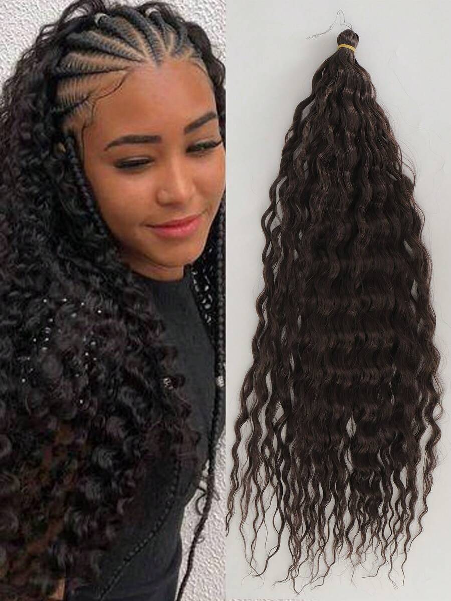 合成麻花鉤針捲髮 22 英寸水波辮子頭髮漸變金色棕色紅灰色深波編織接發 - 黑色 - 查看 1