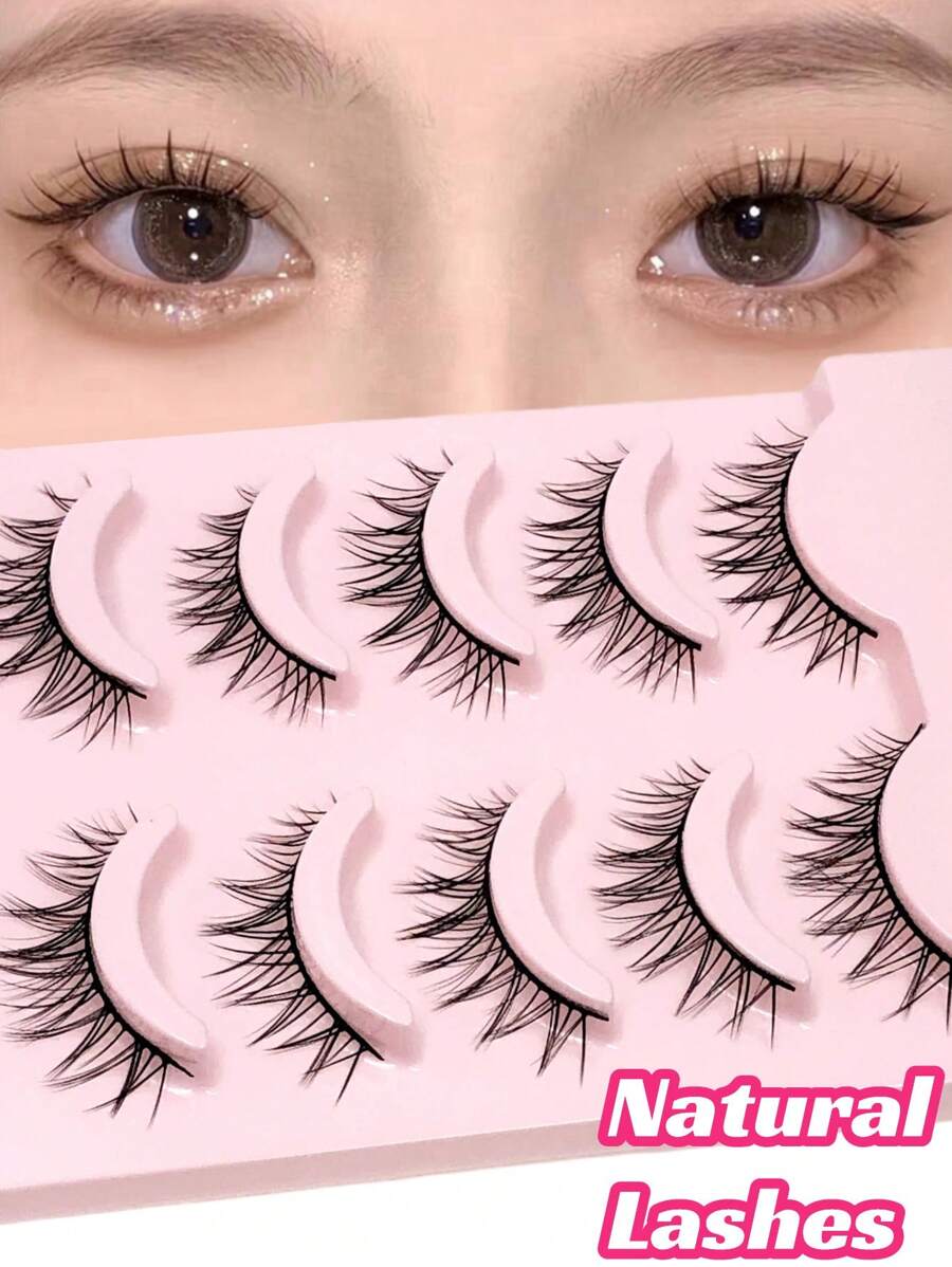 Asiteo 5 Pairs Manga Lashes 3D Natural False Lashes Fluffy Soft Cross Wispy Natural Look Eyelash Extension Makeup, Manga Eyelashes , Japanese Makeup Thick And Natural Look Wispy Eyelash Extensions , Asian Korean Cosplay Anime False Eyelashes Makeup Tool - 黑色 - 查看 1