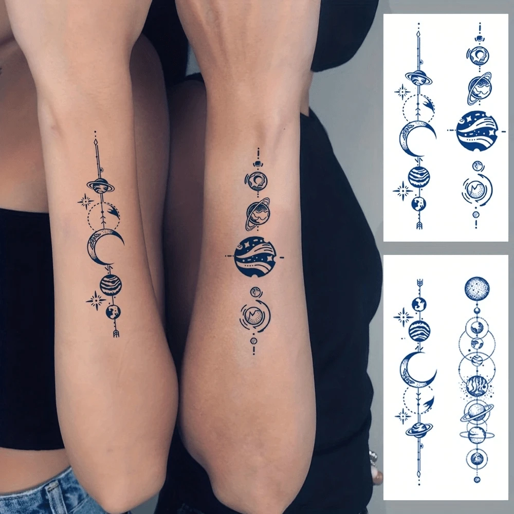 3入組手臂月球和行星刺青貼紙,防水,長效(7-15天),男女皆宜 - 黑色 - 查看 1