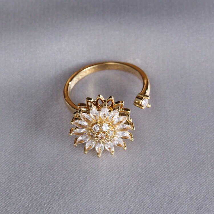 1個可調節的雛菊花和轉動向日葵指環,帶有開放式設計,搭配全鑽石,解壓自旋指環 - 金色 - 查看 5