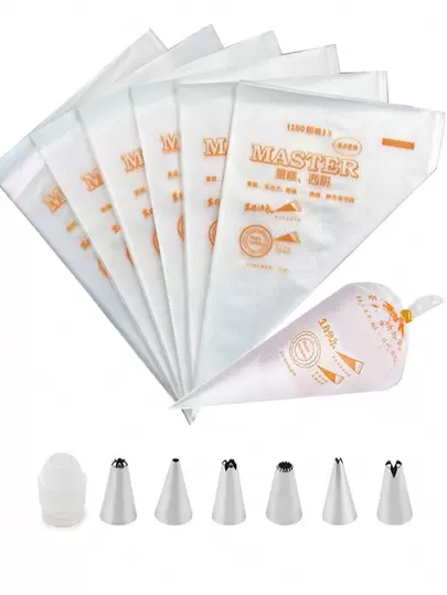 100 قطعة + مجموعة أكياس أنابيب كريم الكعك البلاستيكية السميكة على شكل فم زهرة لتزيين الخبز