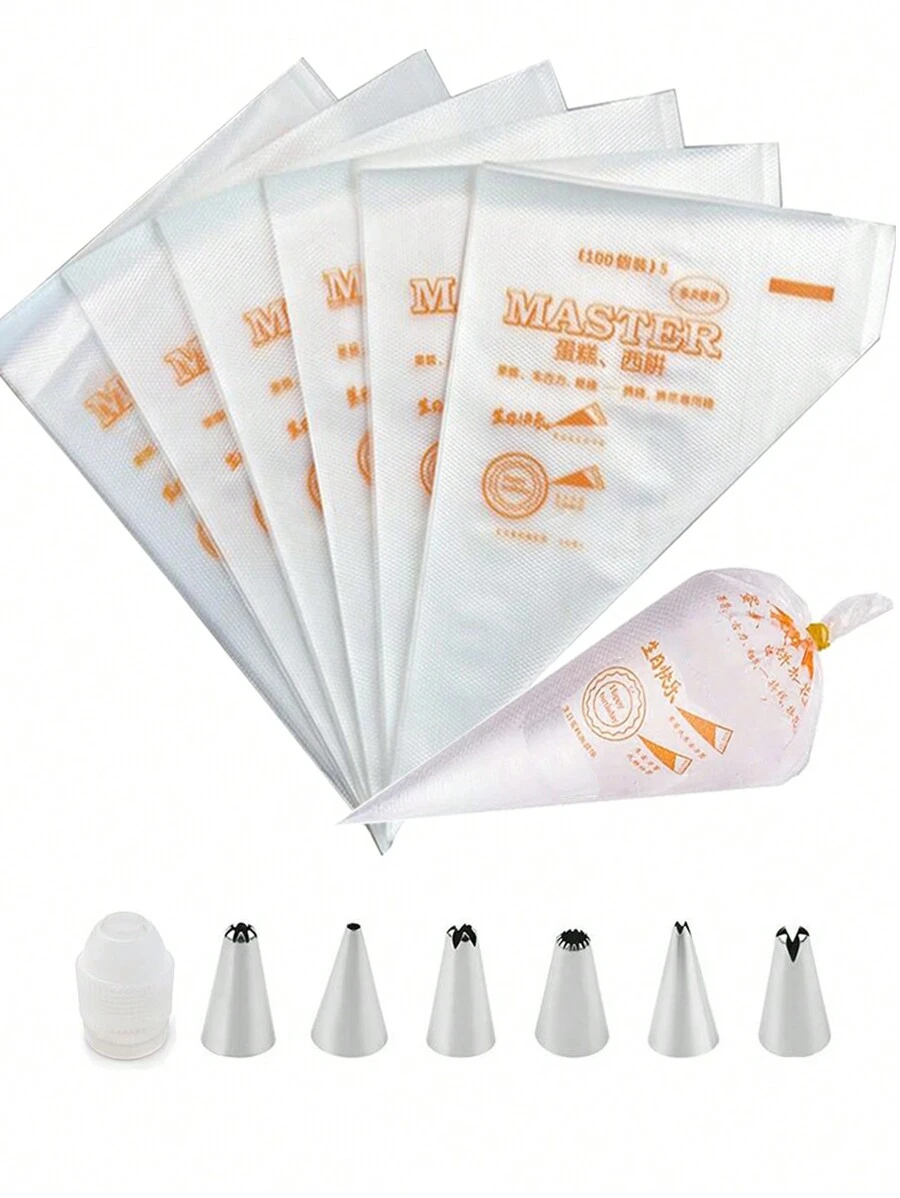 100pcs + Flower Mouth Thickened Plastic Disposable Cake Cream Piping Bags Set For Baking Decorations - Clear - View 1