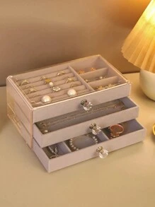 1 件時尚 3 層珠寶盒,簡約便攜式家用珠寶收納盒 - 灰色 - 查看 4