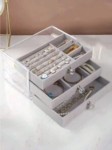 1 件時尚 3 層珠寶盒,簡約便攜式家用珠寶收納盒 - 灰色 - 查看 1