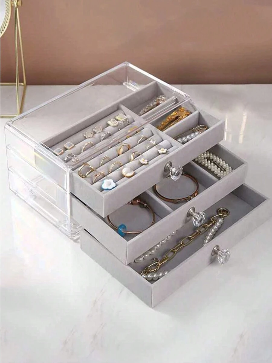 1 件時尚 3 層珠寶盒,簡約便攜式家用珠寶收納盒 - 灰色 - 查看 1