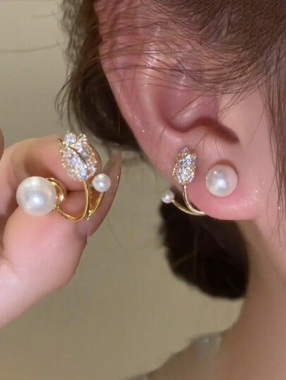 1pair Luxurious Rhinestone Inlaid Tulip Shaped Faux Pearl Flower Earrings - Fashionable All-Match Ear Jewelry