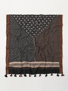 1 幾何拼布印花流蘇長圍巾,舒適優雅,適合日常使用 - 彩色 - 查看 3