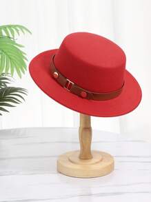 1pc Ladies' Solid Color Pu Decorated Formal Hat, Suitable For Daily Use Or Parties - Red - View 1