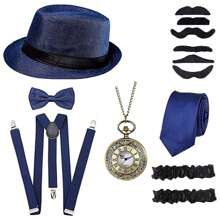 男士 1920 年代配饰女士反向角色扮演 1920 年代男士服装万圣节 1920 年代男士配饰咆哮的 20 年代带怀表/假胡子/男士软呢帽，蓝色 - 藍色 - 查看 1